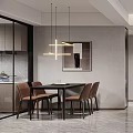 Modern Restaurant Interior With Gray Wall Artwork Pendant Lights Dining Table And Chairs 3d model