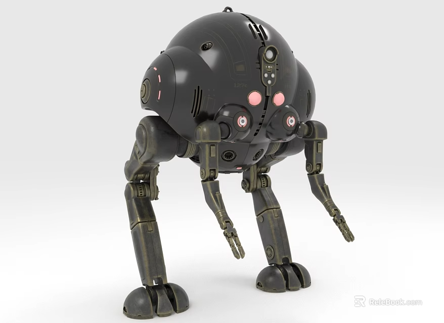 Black Mechanical Robot Character Featuring Spherical Head Pink Lights And Metallic Legs 3d model 