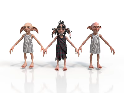 Three Barefoot Fantasy Creatures With Big Ears And Different Outfits In Cartoon Style 3d model