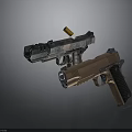 Man Holding Two Different Colored Guns With Bullet in Mid Air