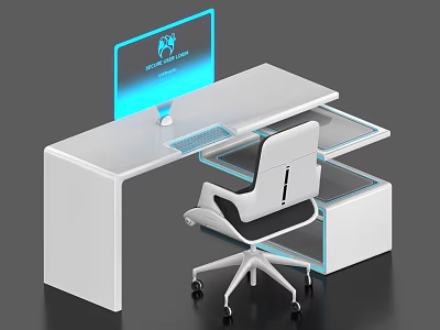 Modern White Office Desk With Computer Monitor And Ergonomic Chair Design 3d model
