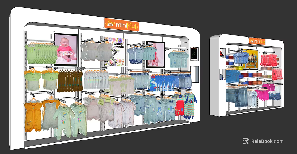 Baby Clothing Store Display Shelves With Hanging Infant Outfits And Display Screens 3d model 