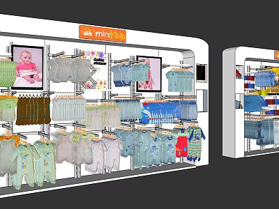 Baby Clothing Store Display Shelves With Hanging Infant Outfits And Display Screens 3d model