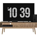 Modern TV Home Entertainment Setup With Wooden Stand And Floor Speakers