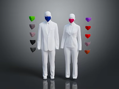 Man in White Suit Wearing Blue Face Mask With Multiple Colored Masks Around 3d model