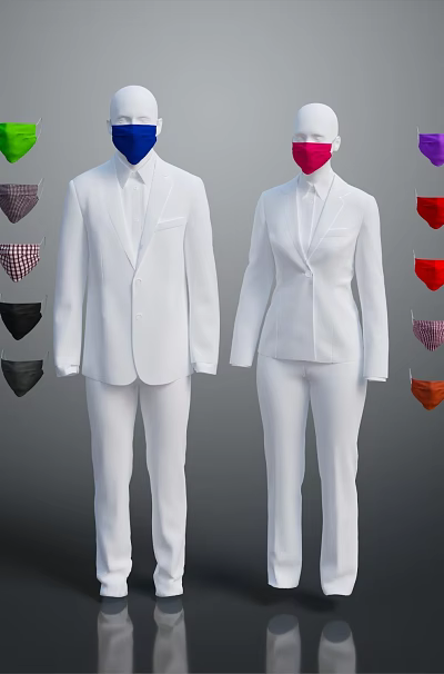 Man in White Suit Wearing Blue Face Mask With Multiple Colored Masks Around 3d model Man in White Suit Wearing Blue Face Mask With Multiple Colored Masks Around 3d model