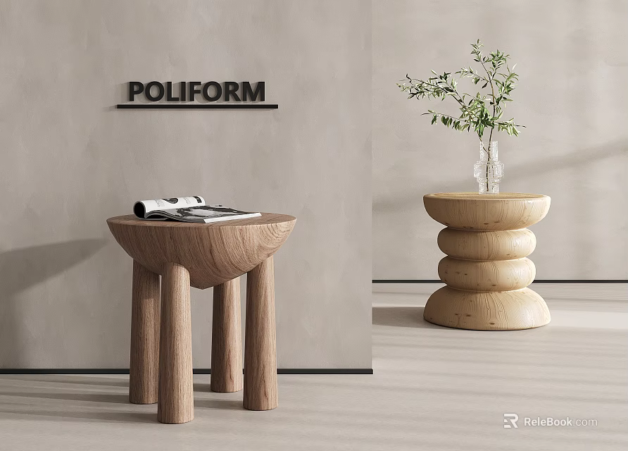 Stylish Wooden Side Tables Showcasing Magazine and Stacked Design with Potted Plant in Modern Room 3d model 