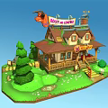 Cartoon Doll Shop Cottage With Mossy Roof Green Lawn Steps And Goat Figure