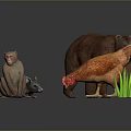 Different Animals Figurines Display With Cat Mouse Bear Chicken And Green Grass 3d model