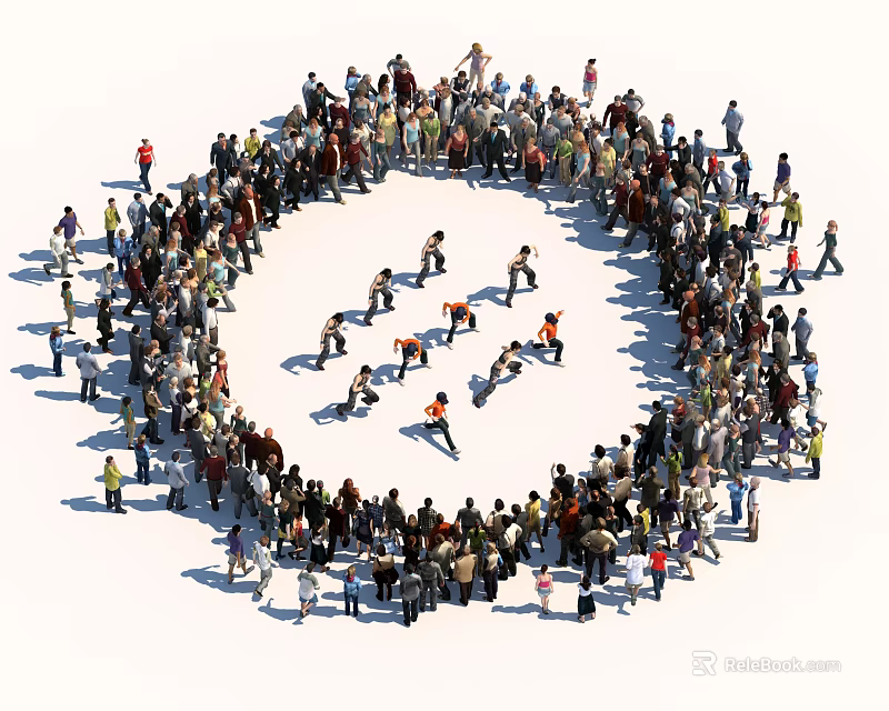 Large Group of People Gathered in Circular Formation Creating Visual Pattern 3d model 