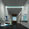 Traditional Exhibition Hall Interior With Blue Screen And Ancient Painting Decor