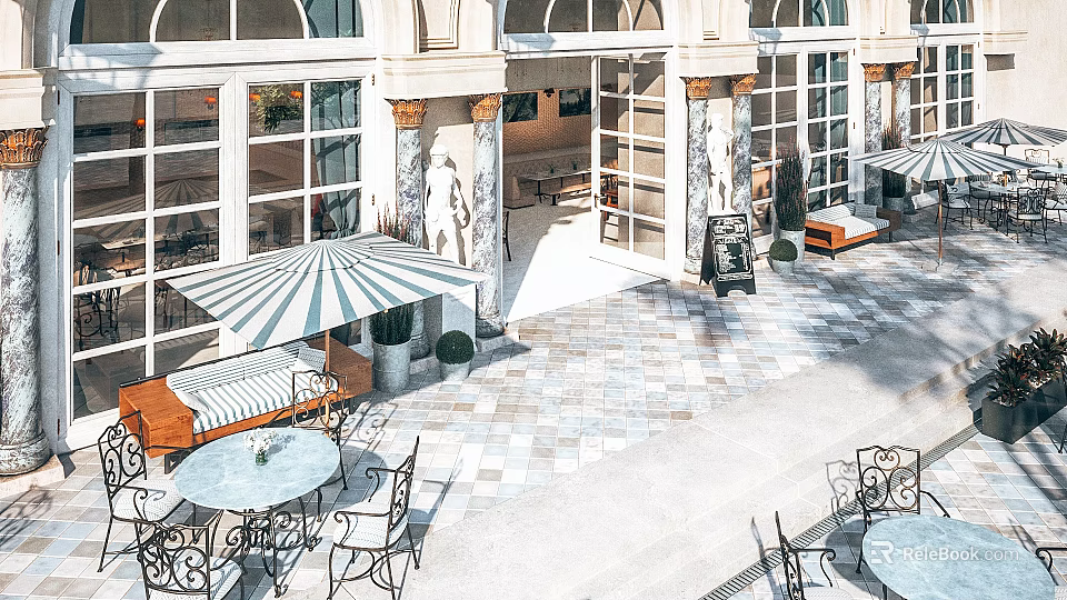 Elegant Restaurant Outdoor Dining Area With Striped Umbrellas Tables Chairs And Tiled Floor 3d model 