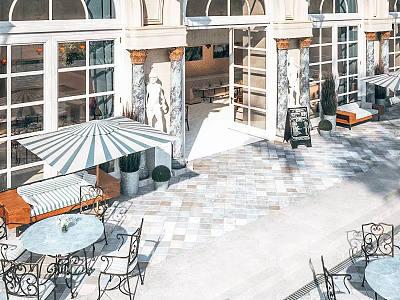 Elegant Restaurant Outdoor Dining Area With Striped Umbrellas Tables Chairs And Tiled Floor 3d model