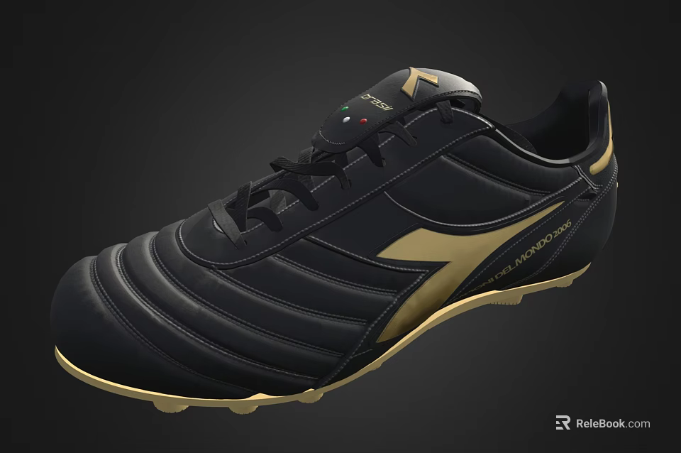 Diadora Black And Gold Soccer Shoes With Classic Design And Yellow Rubber Sole 3d model 