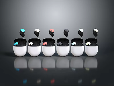 Wireless Computer Earbuds with White Charging Cases Different Colored Tips Dark Background Reflections 3d model