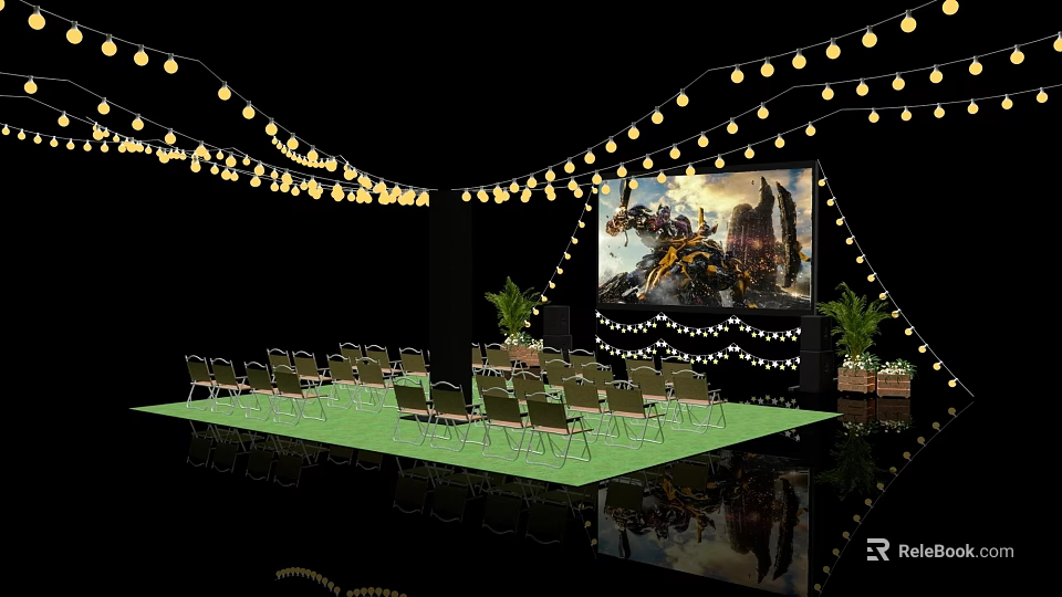Outdoor Cinema With Yellow String Lights Large Movie Screen Green Carpet Foldable Chairs Potted Plants 3d model 