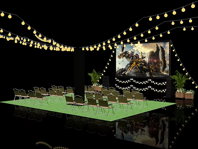 Outdoor Cinema With Yellow String Lights Large Movie Screen Green Carpet Foldable Chairs Potted Plants 3d model