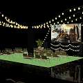 Outdoor Cinema With Yellow String Lights Large Movie Screen Green Carpet Foldable Chairs Potted Plants