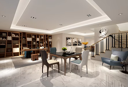 Modern basement study bookshelf bookcase desk and chair leisure 3d model