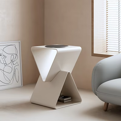 Modern White Geometric Coffee Table In Minimalist Living Room With Sofa And Artwork 3d model