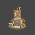 Fairy Tale Style Wooden Cottage With Blue Roof Chimney Sheep And Fence