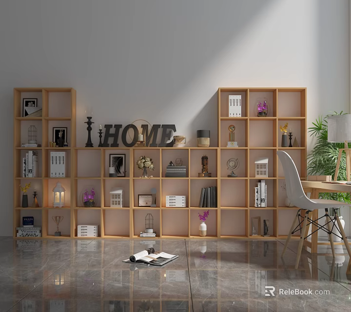 Modern Wooden Shelving Unit Interior With Decorative Items Books And HOME Letter Decor 3d model 