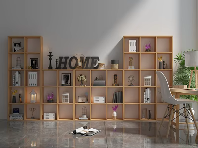 Modern Wooden Shelving Unit Interior With Decorative Items Books And HOME Letter Decor 3d model