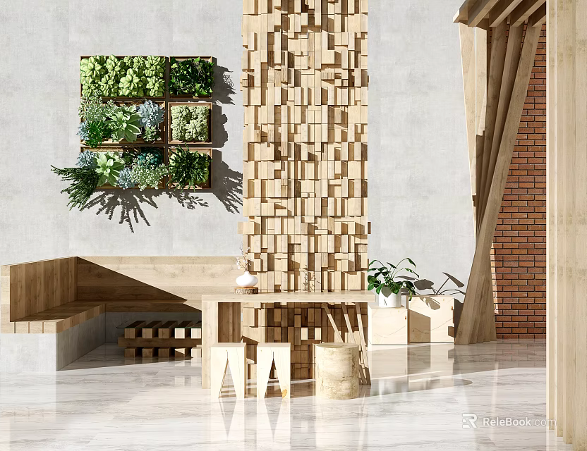 Decorative Modern Wooden Column Featuring Geometric Blocks In Interior With Green Wall And Seating 3d model 
