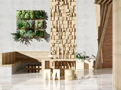 Decorative Modern Wooden Column Featuring Geometric Blocks In Interior With Green Wall And Seating 3d model