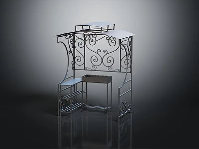 Decorative Metal Structure With Ornate Curved Scroll Ironwork Top Shelf And Lower Shelving 3d model