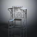 Decorative Metal Structure With Ornate Curved Scroll Ironwork Top Shelf And Lower Shelving