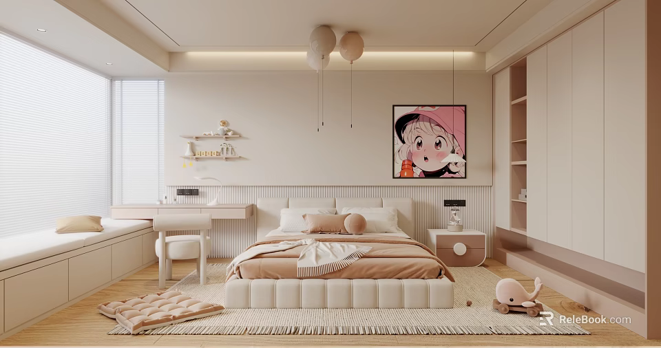 Warm Kids Room Interior With Bed Cartoon Poster Balloon Lights Desk And Stuffed Toy Rug 3d model 