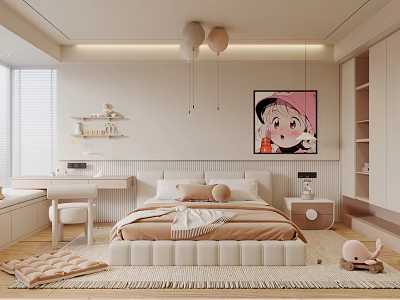 Warm Kids Room Interior With Bed Cartoon Poster Balloon Lights Desk And Stuffed Toy Rug 3d model