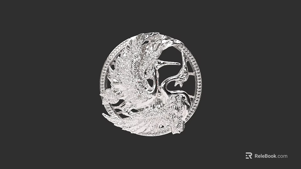 Round Silver Jewelry With Intricate Crane Filigree And Sparkling Accents 3d model 