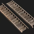 Two Long Wooden Storage Racks With Divided Compartments For Household Supplies