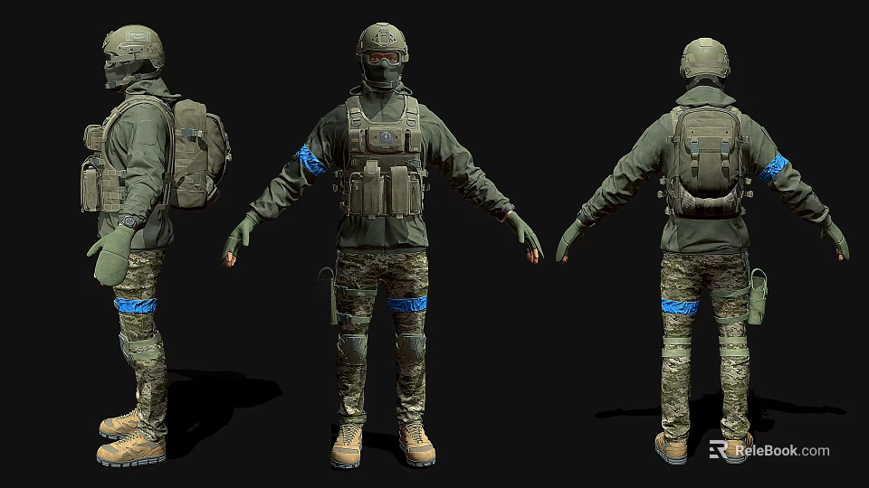 Man in Camouflage Uniform with Tactical Vest Backpack and Blue Stripes Three Angles View 3d model 