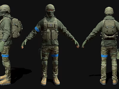 Man in Camouflage Uniform with Tactical Vest Backpack and Blue Stripes Three Angles View 3d model
