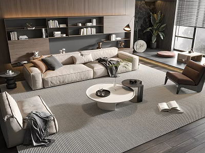 Modern Living Room Interior Sofa And Coffee Table With Bookshelf Floor Lamp And Plant 3d model
