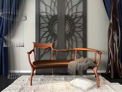 Modern Wooden Armchair With Leather Seat And Cozy Throw Blanket In Living Room Rug Setting 3d model