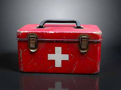 Vintage Red Metal First Aid Kit With White Cross Handle And Clasps 3d model