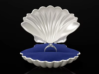 Silver Shell Shaped Display Case With Blue Cushion And Ring Inside 3d model