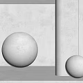 Minimalist Concrete Wall Display With Two White Spheres And Yellow Lighting