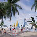 Tropical Beach Scene with Palm Trees Sailboats and People Under Blue Sky White Clouds