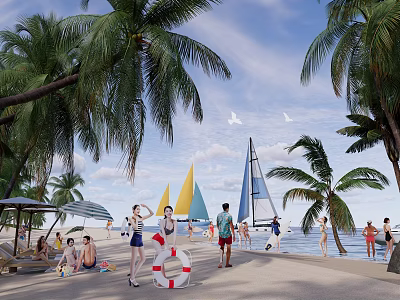 Tropical Beach Scene with Palm Trees Sailboats and People Under Blue Sky White Clouds 3d model
