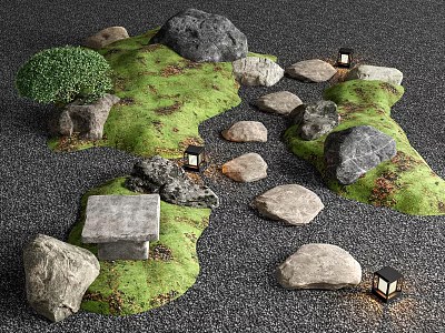 Stone Wood Garden Design With Green Grass Stones Path And Wooden Lanterns 3d model