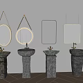 Modern Stone Washbasins With Various Shaped Mirrors And Golden Frames 3d model