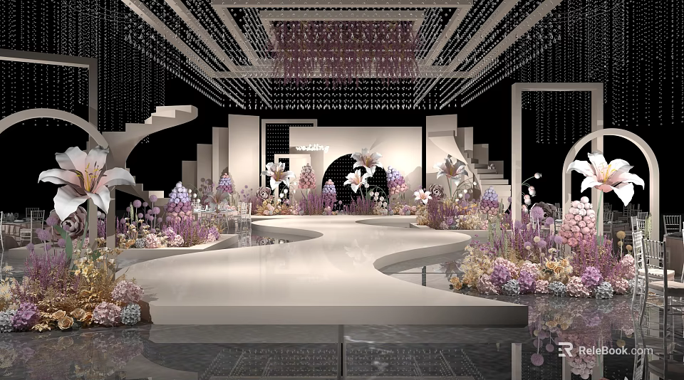 Luxurious Banquet Hall With Crystal Chandeliers Floral Arrangements Stage Stairs And Mirrored Floor 3d model 