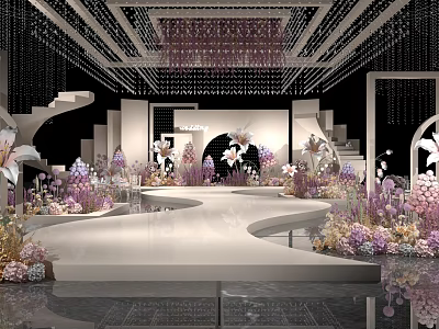 Luxurious Banquet Hall With Crystal Chandeliers Floral Arrangements Stage Stairs And Mirrored Floor 3d model
