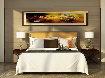 Elegant Background Double Bed With Decorative Painting Nightstands Table Lamps And Soft Bedspread 3d model
