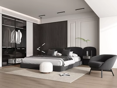 Modern Bedroom Interior Design With Bedside Table Armchair Glass Wardrobe And Decorative Plant 3d model